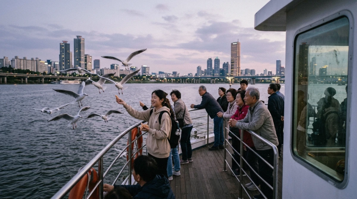 Open deck of the E-Land cruise boat at sunset, part of the Han River cruise worth it comparison, Yeouido, Seoul