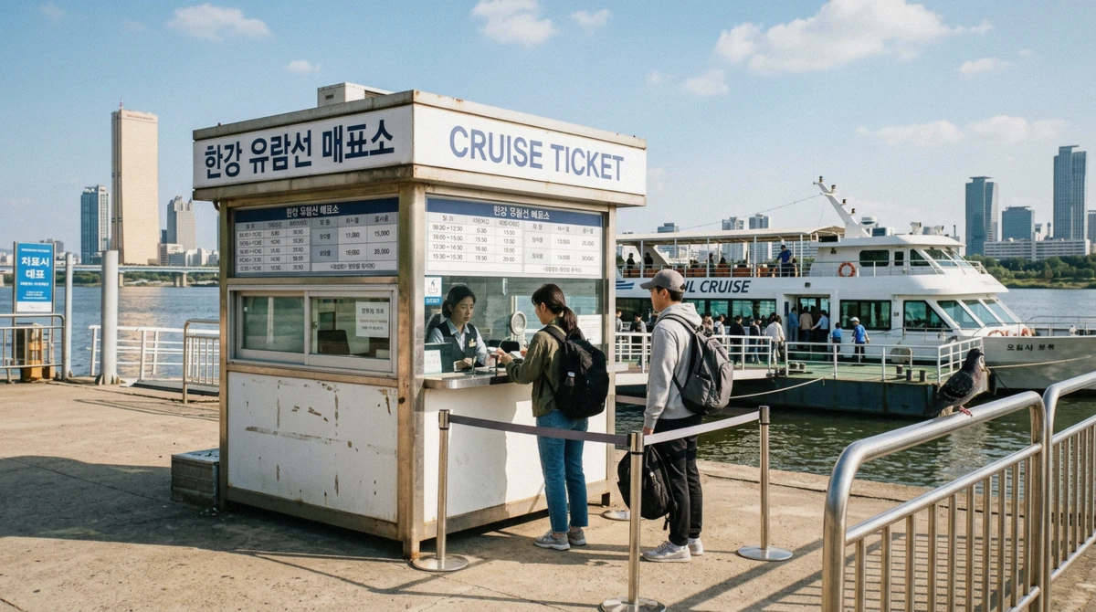 Ticket booth and boarding line for a Han River cruise ticket price check at Yeouido pier, Seoul