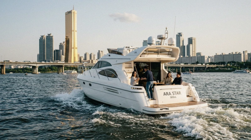 Premium yacht cruising past the 63 Building on a Han River cruise from Yeouido, Seoul