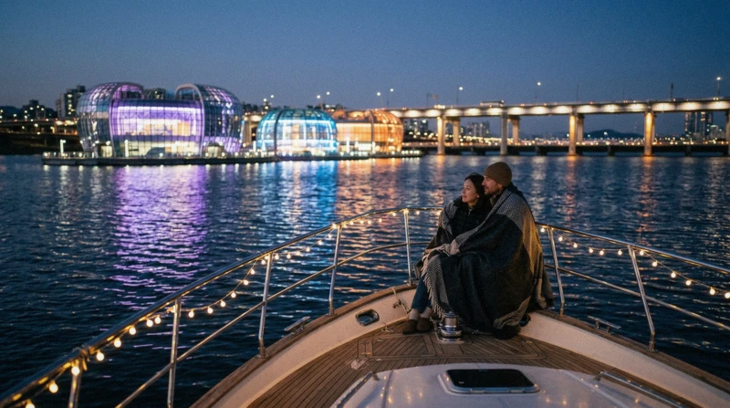 Yacht passing the lit Sebitseom islands at night on a Han River cruise near Banpo Bridge, Seoul