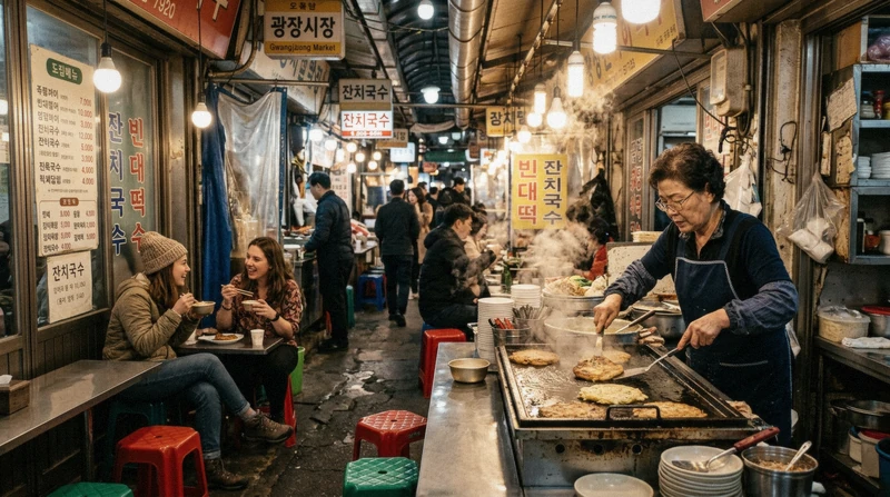 Street food stalls at Gwangjang Market before an evening Han River cruise in Seoul, South Korea