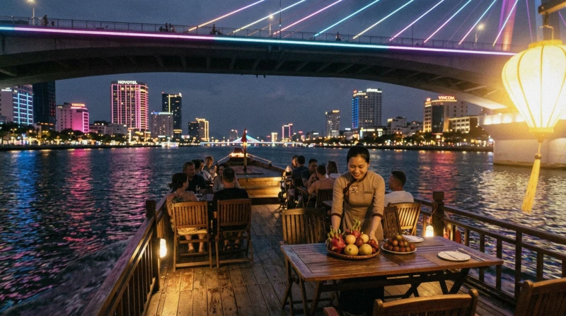 Evening boat with city lights on a Han River cruise past the Han River Bridge in Da Nang, Vietnam