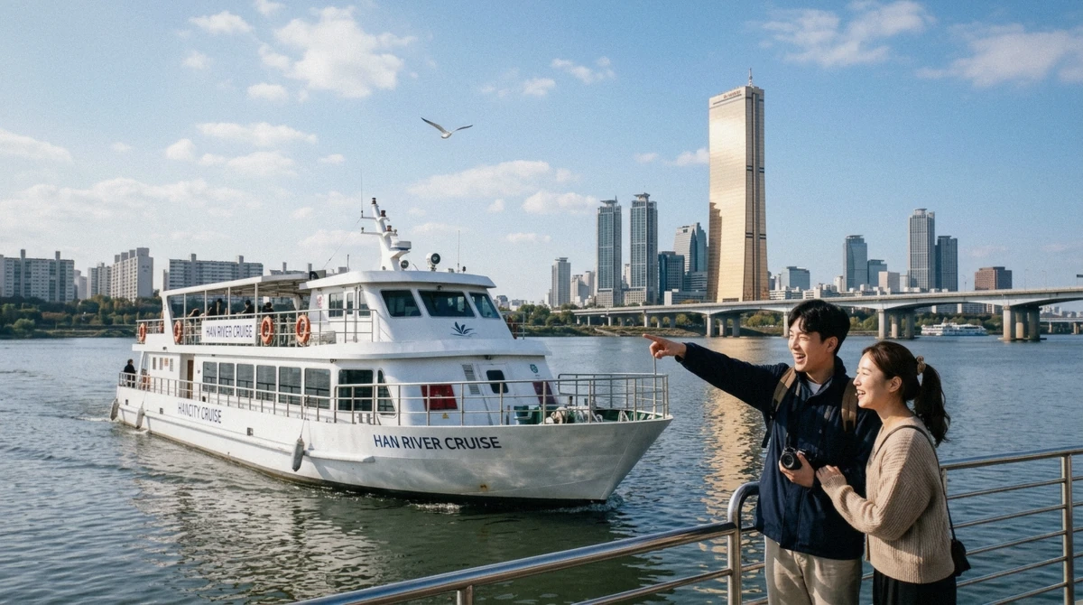 Passengers on deck watching the Seoul skyline from a Han River cruise, weighing whether the Han River cruise is worth it